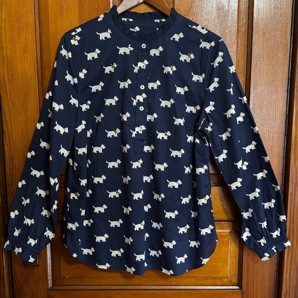 Talbots Scotty Dog Novelty Print Navy Peasant Top Size Large Sequin Detail